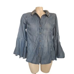 Reba Blue embellished Rhinestone Collar Bell Sleeve Button Down Shirt M Bohemian